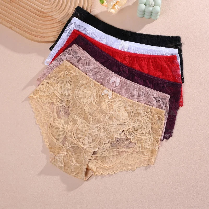 Lot 4 Culottes Femme Dentelle Sexy - String Taille Basse Broderie Florale Respirant Confort