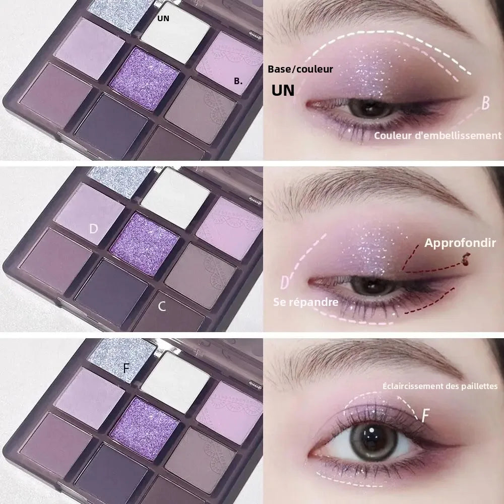 Palette Fard à Paupières Violet 9 Couleurs Haute Pigmentation Mat Shimmer Violet Marron Argent Neutrals Longue Tenue Smoky