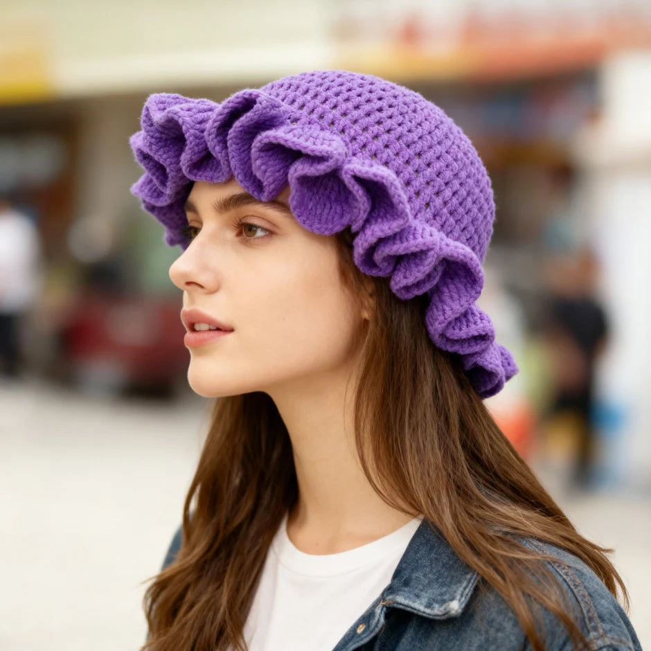Chapeau Bob Tricoté Moelleux Femme - Bonnet Crochet Ajouré avec Volants Style Pêcheur pour Automne Hiver