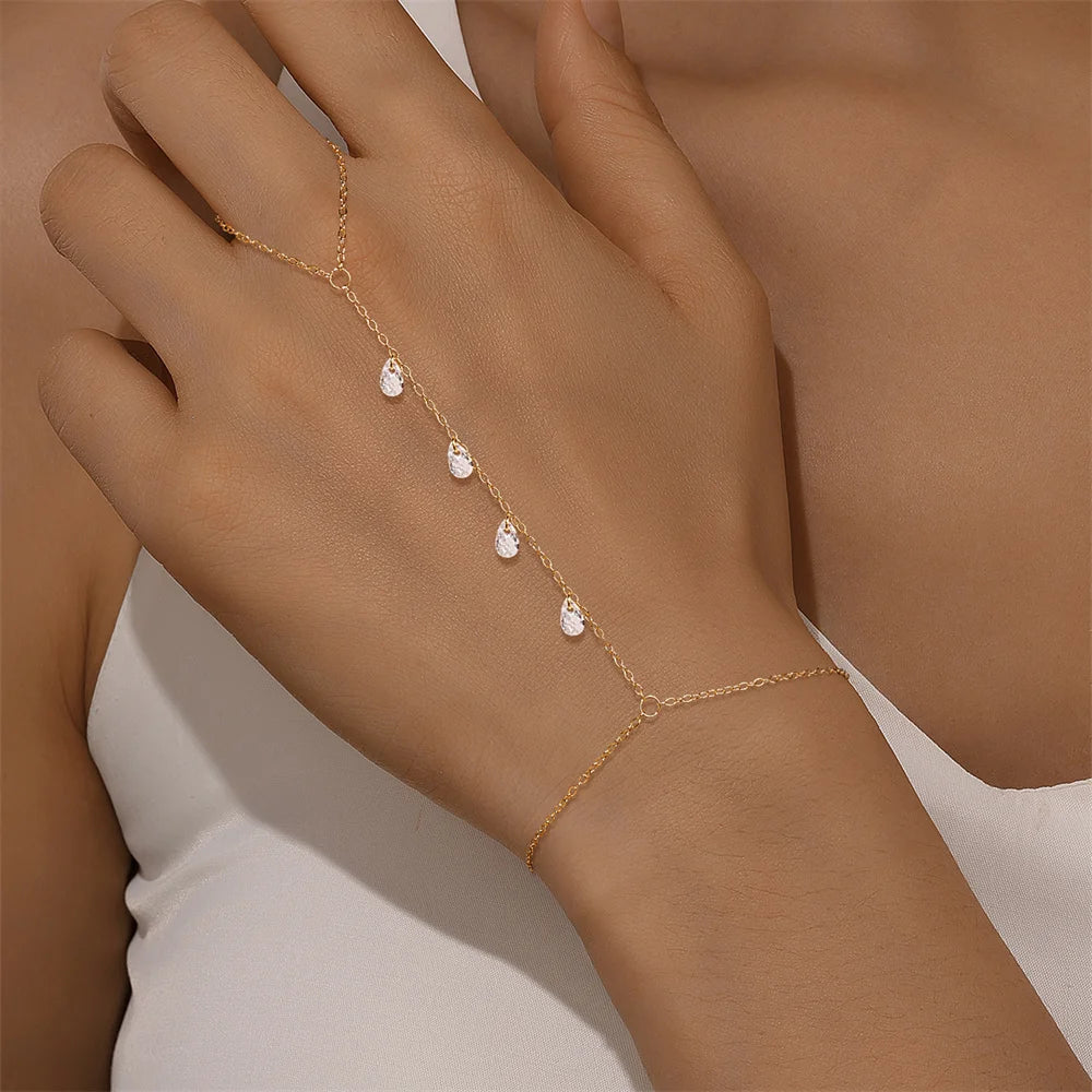 Bracelet Bague Argent 925 Cœur Pétale Zircon - Chaîne Main Femme Minimaliste Scintillant