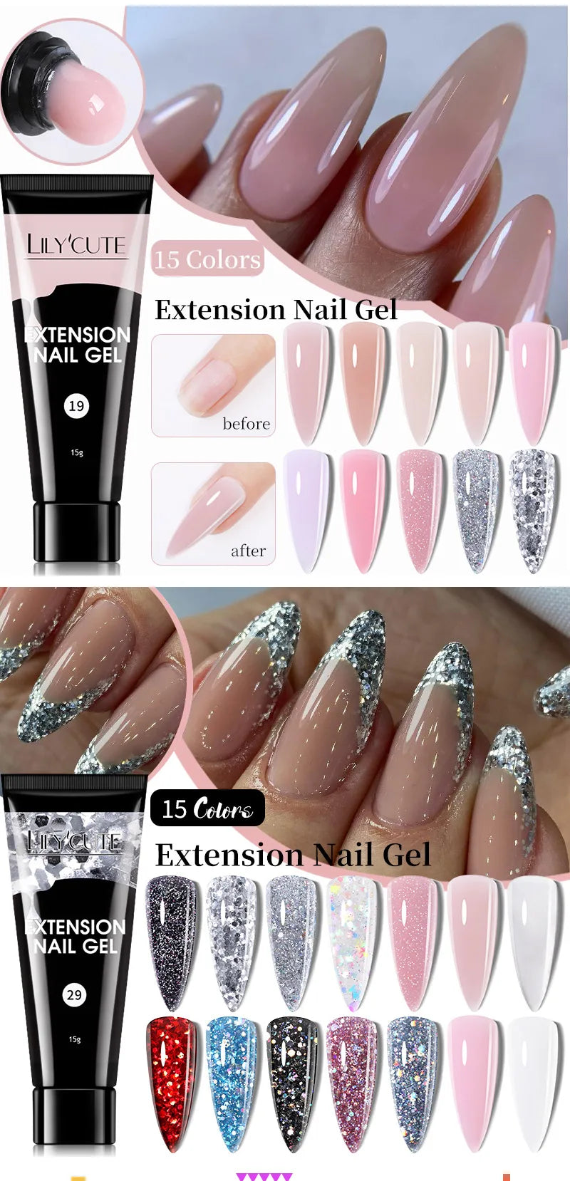 Gel Extension Ongles Paillettes LILYCUTE 15ml - Vernis Semi-Permanent UV Construction Nail Art