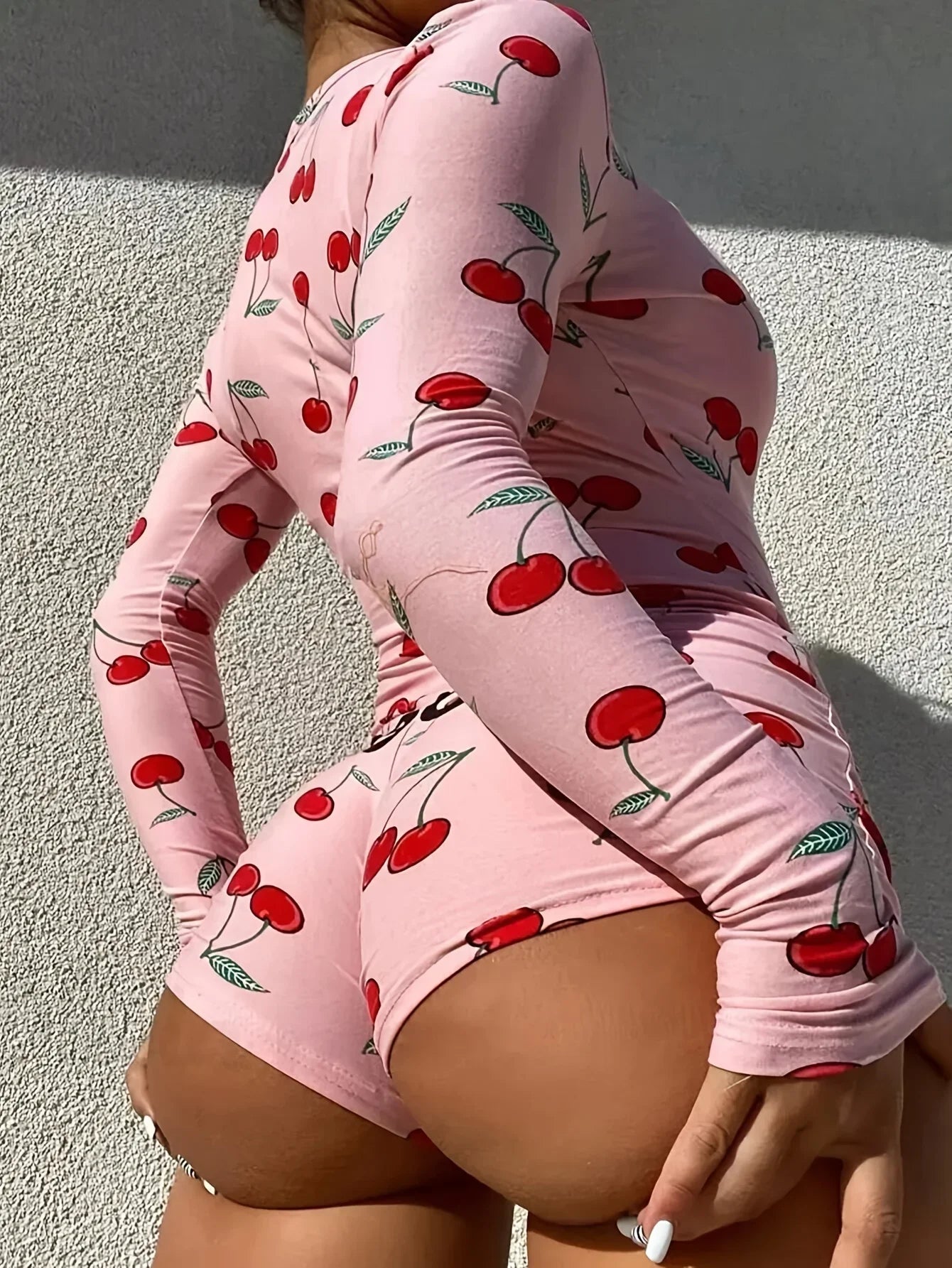 Combinaison Pyjama Cerises Femme Sexy - Col V Boutons Manches Longues Slim