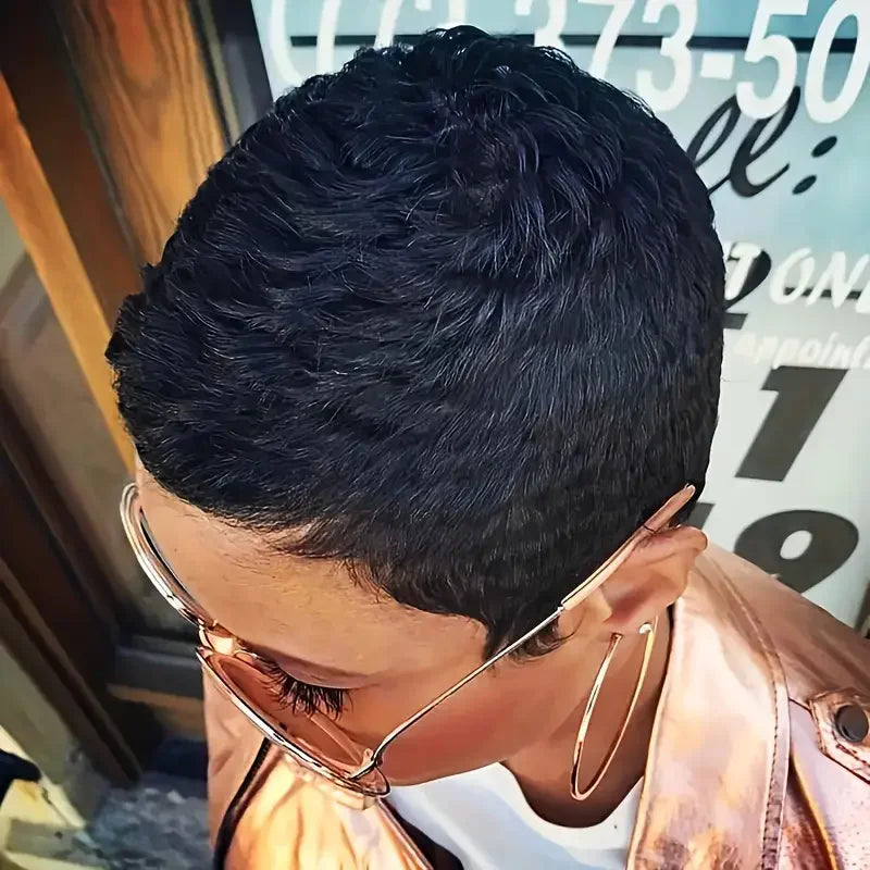 Perruque Bob Courte Pixie Bouclée - Cheveux Naturels Brésiliens avec Frange