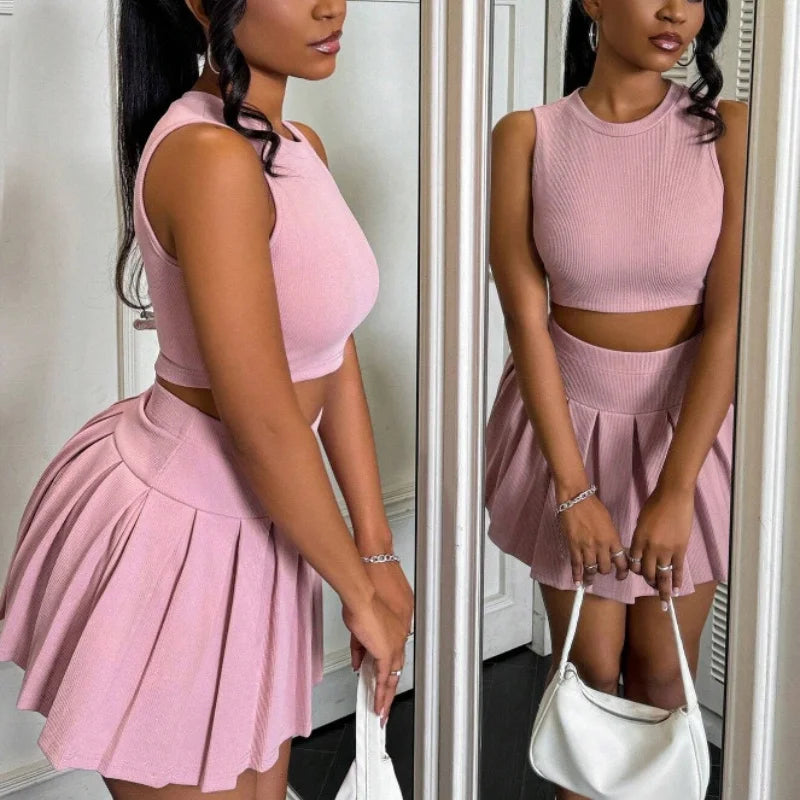 Ensemble 2 Pièces Femme Été Sans Manches - Débardeur Slim + Jupe Mini Plissée Taille Haute Fashion Sexy Élégant