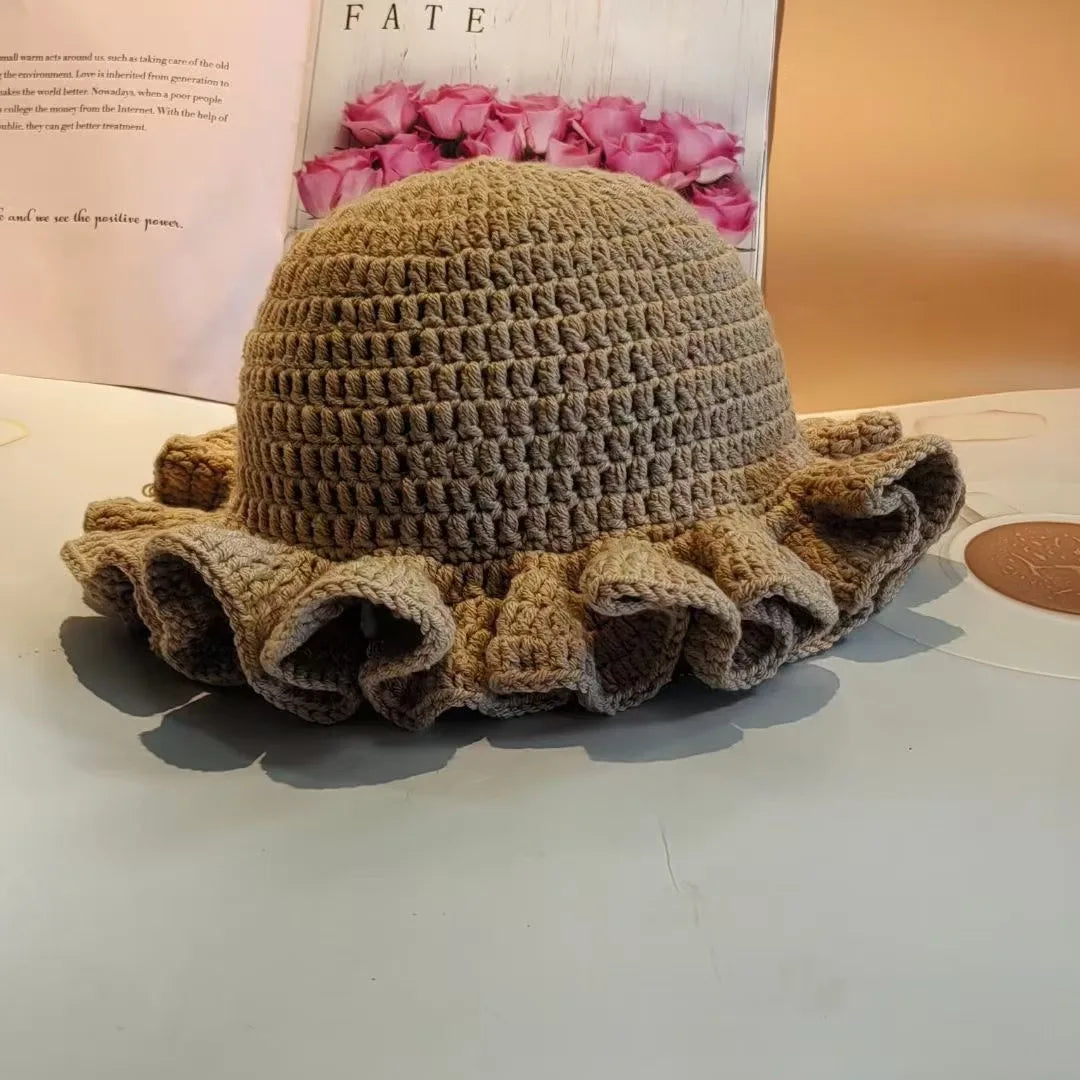 Chapeau Bob Crochet Tricoté Main Femme - Bonnet Pêcheur Bordure à Volants Couleur Unie pour Automne Hiver