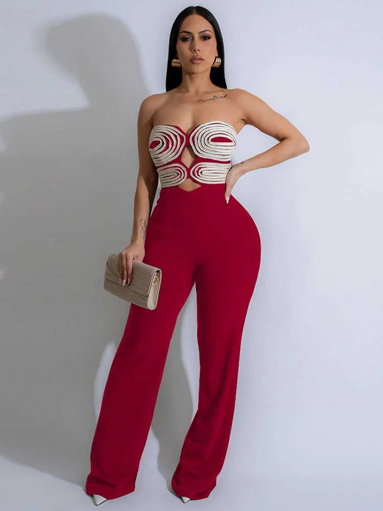 Combinaison Longue Bustier Dos Nu - Jumpsuit Sexy Découpé Taille Soirée