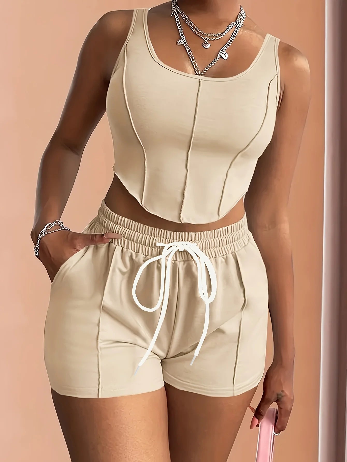 Ensemble Sport Femme 2 Pièces - Débardeur Col Carré Ceinture Ajustable Short Couleur Unie Printemps Été