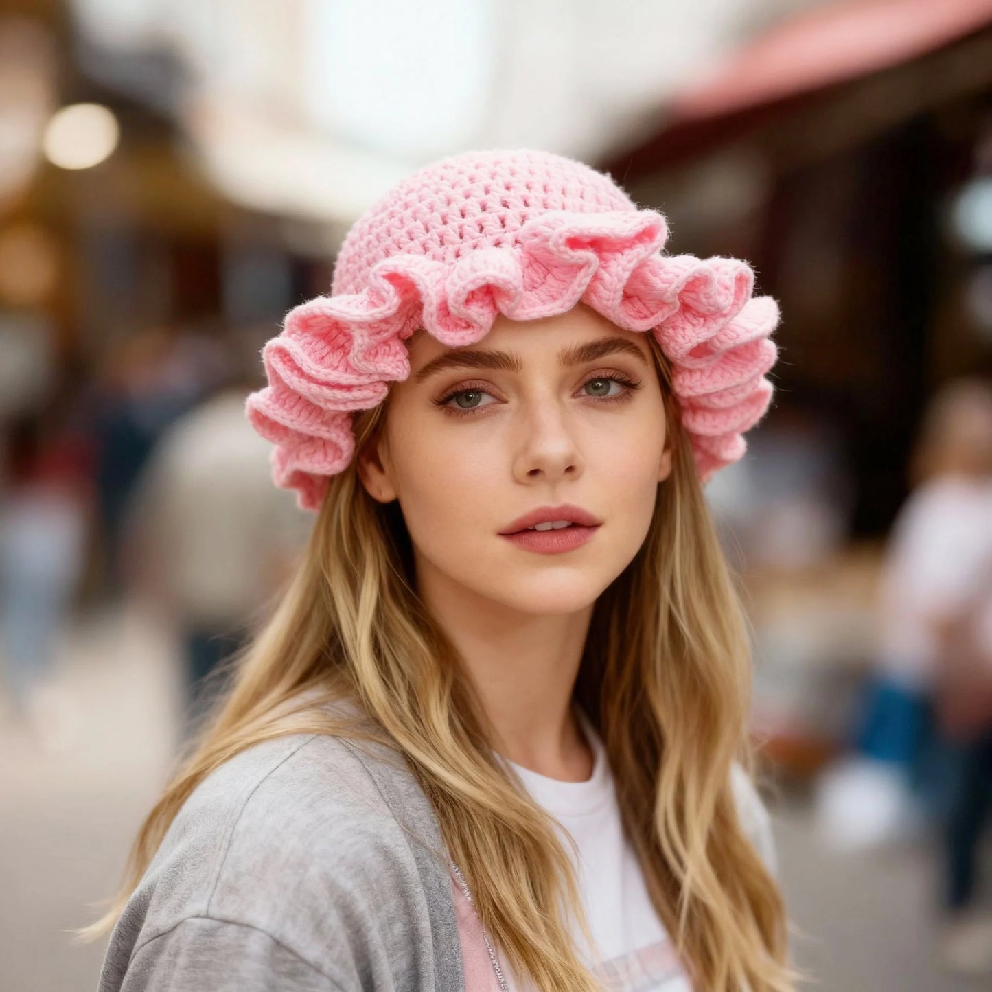 Chapeau Bob Tricoté Moelleux Femme - Bonnet Crochet Ajouré avec Volants Style Pêcheur pour Automne Hiver