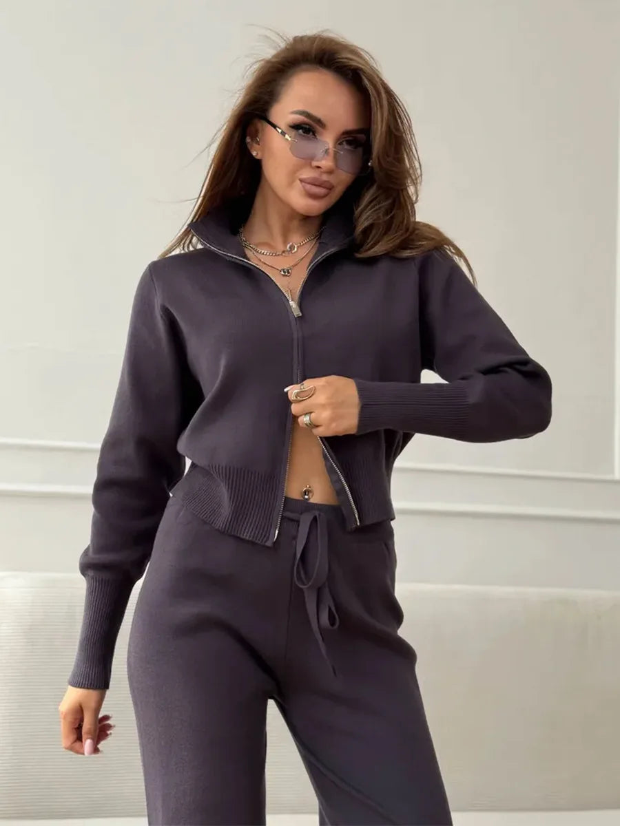 Ensemble Femme 2 Pièces Maille - Cardigan Zippé Court & Pantalon Large Taille Élastique Automne-Hiver