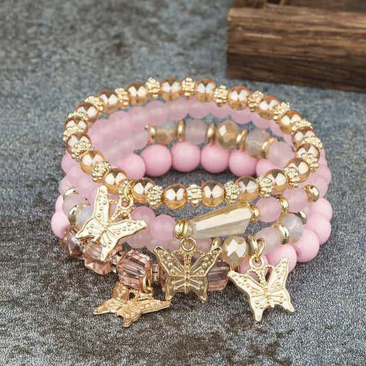 Set 4 Bracelets Femme Papillon Perles - Rose Acrylique Élastique Bohème Cadeau
