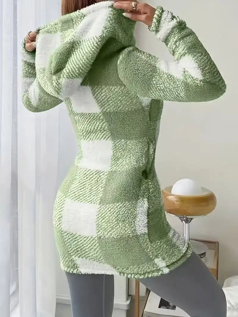 Manteau Femme Hiver Chaud Peluche - Carreaux Capuche Long Zip Cardigan