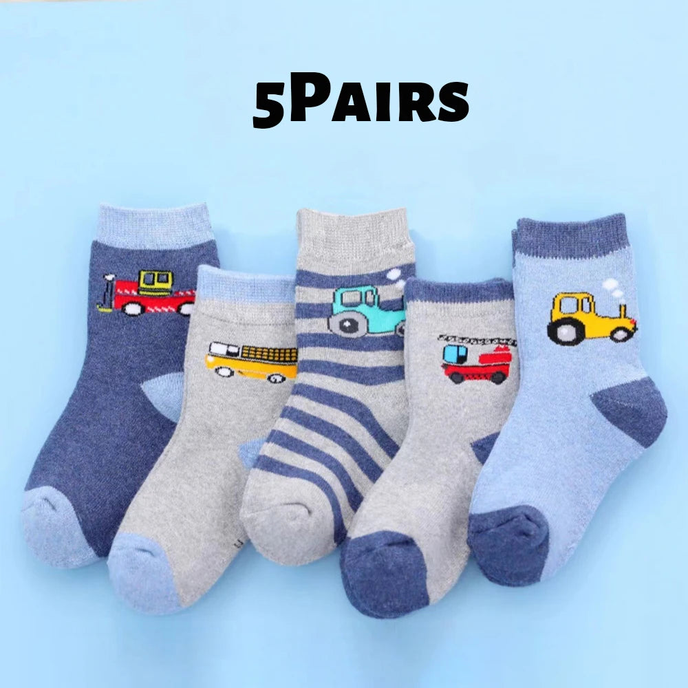 Lot 5 Paires Chaussettes Enfant Automne/Hiver - Chaussettes Épaisses Chaudes Garçon Motif Voiture