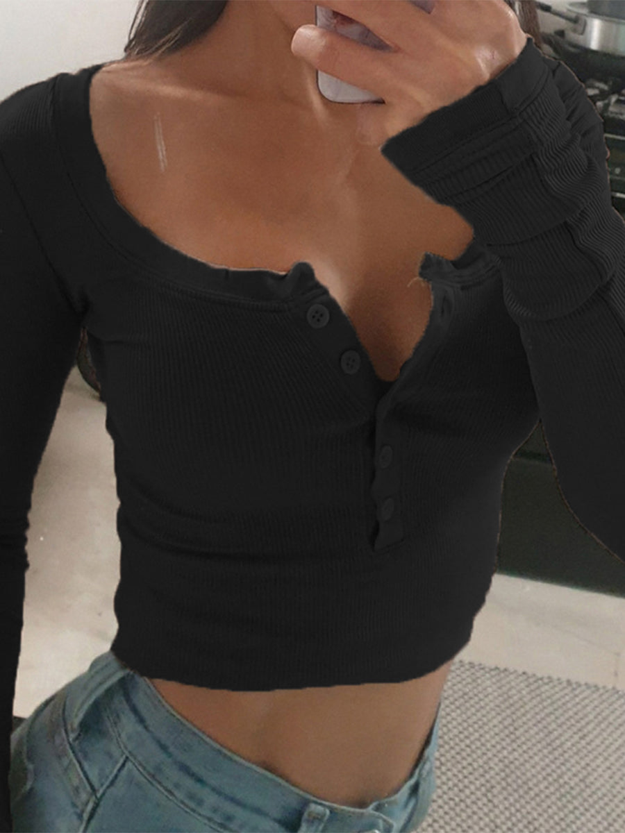 Chemise Femme Tricot Henley Boutons - Crop Top Streetwear