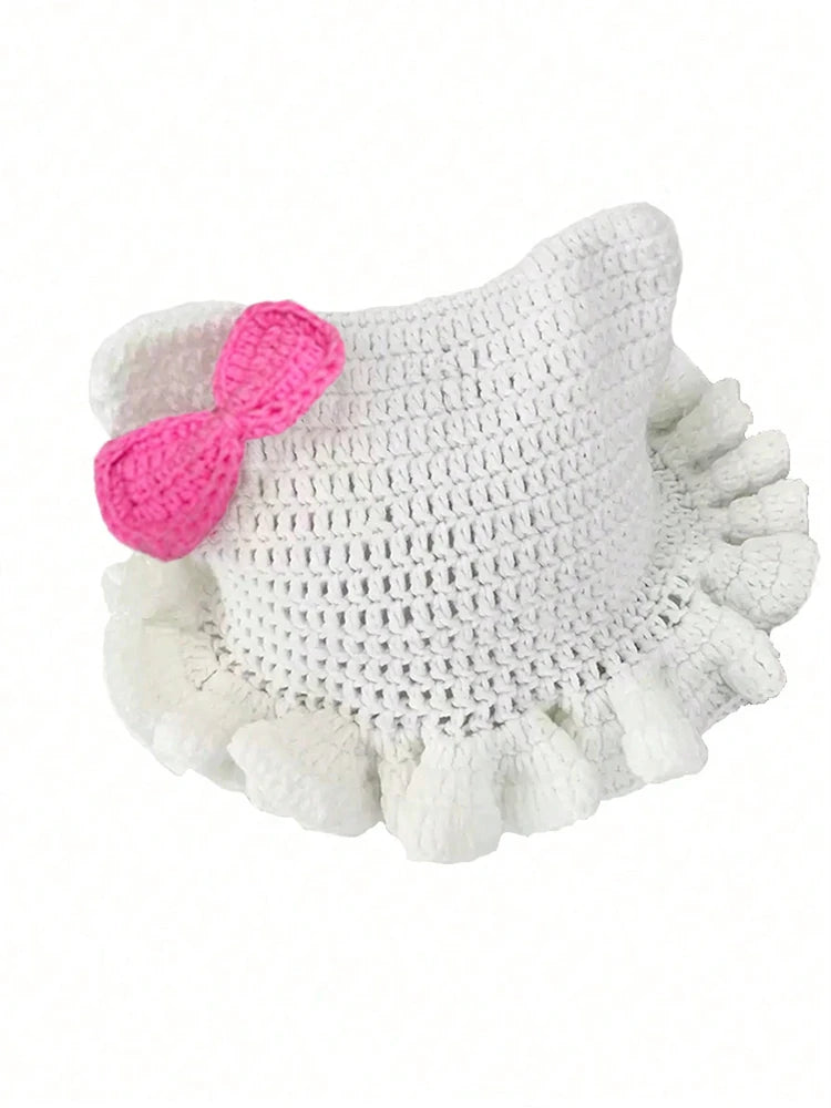 Bonnet Tricoté Main Y2K Oreilles de Chat - Chapeau Chaud avec Nœud et Bords Plissés pour Automne Hiver