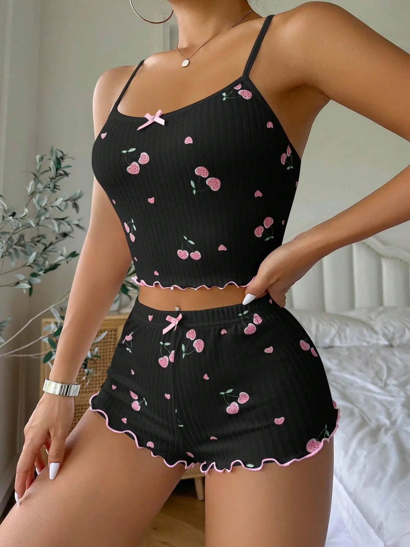 Pyjama Femme Été Cœur - Ensemble Débardeur Short Sexy Dos Nu Nœud