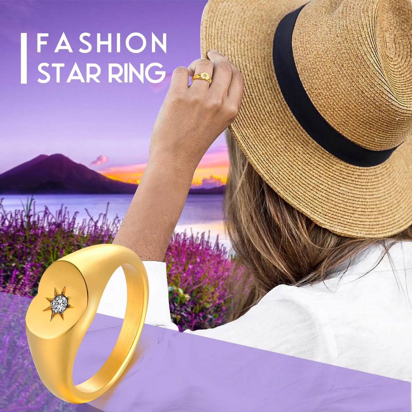 Bague Chevalière Soleil Acier Plaqué Or - Zircone Cubique