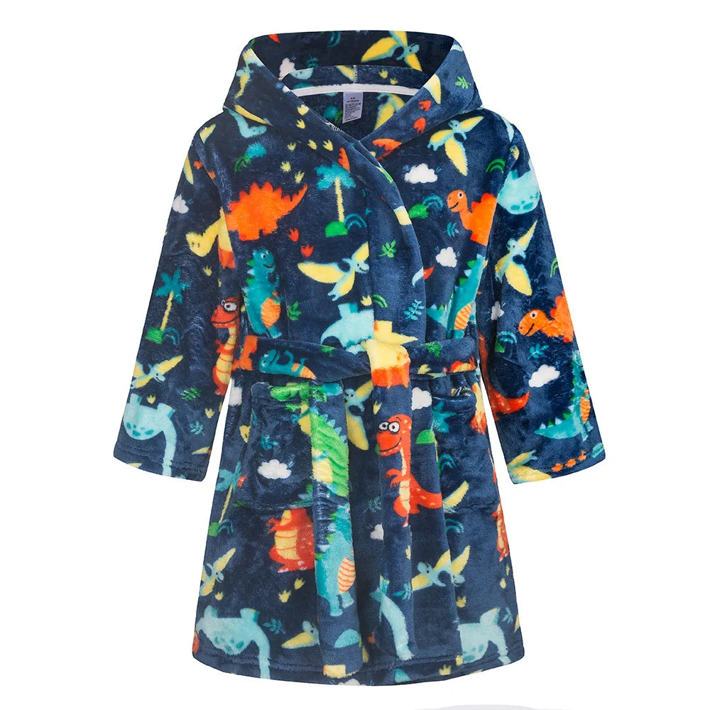Peignoir Enfant Flanelle à Capuche - Robe de Chambre Douce Motif Cartoon - Automne Hiver 2-12 Ans