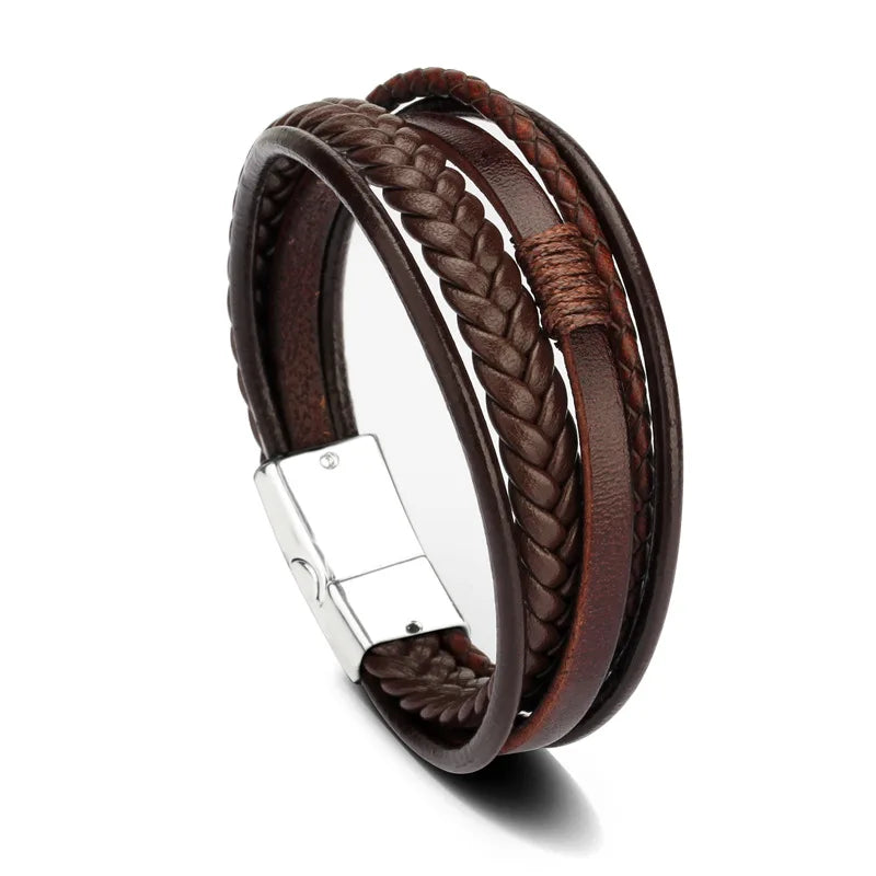 Bracelet Homme Cuir Tendance 21cm - Multi-Couches Tressé Acier Cadeau