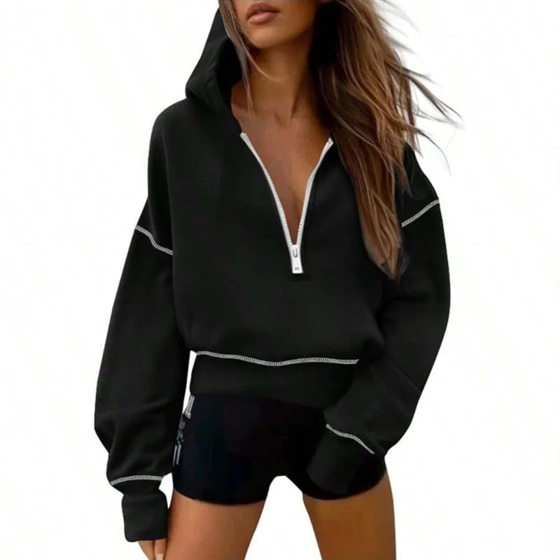 Sweat Femme Court Capuche Demi-Zip - Hoodie Loose Casual Manches Longues Printemps Automne