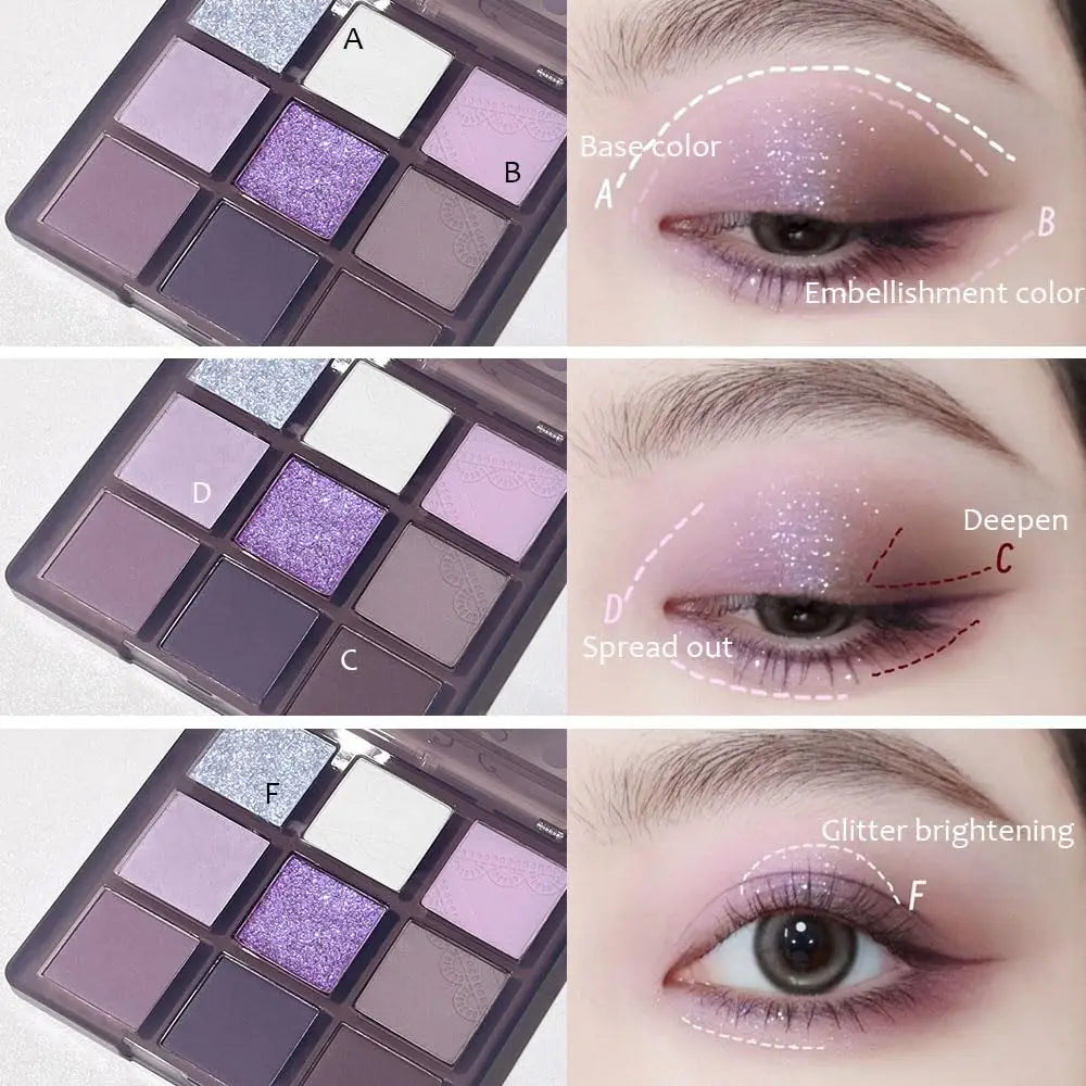 Palette Fard à Paupières Violet 9 Couleurs Haute Pigmentation Mat Shimmer Violet Marron Argent Neutrals Longue Tenue Smoky