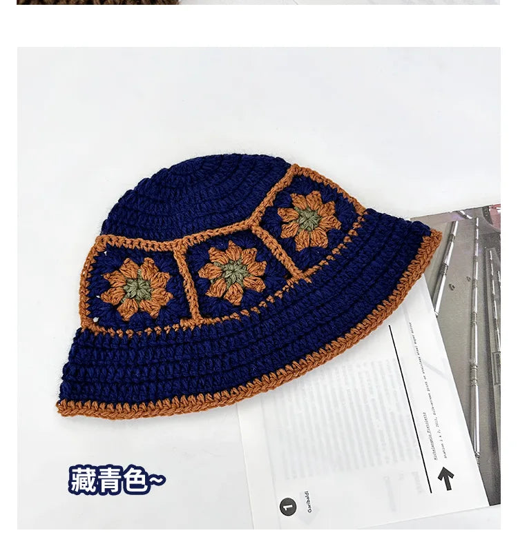 Chapeau Bob Crochet Coréen Fait Main avec Fleurs - Bonnet Tricoté Y2K Femme pour Automne Hiver