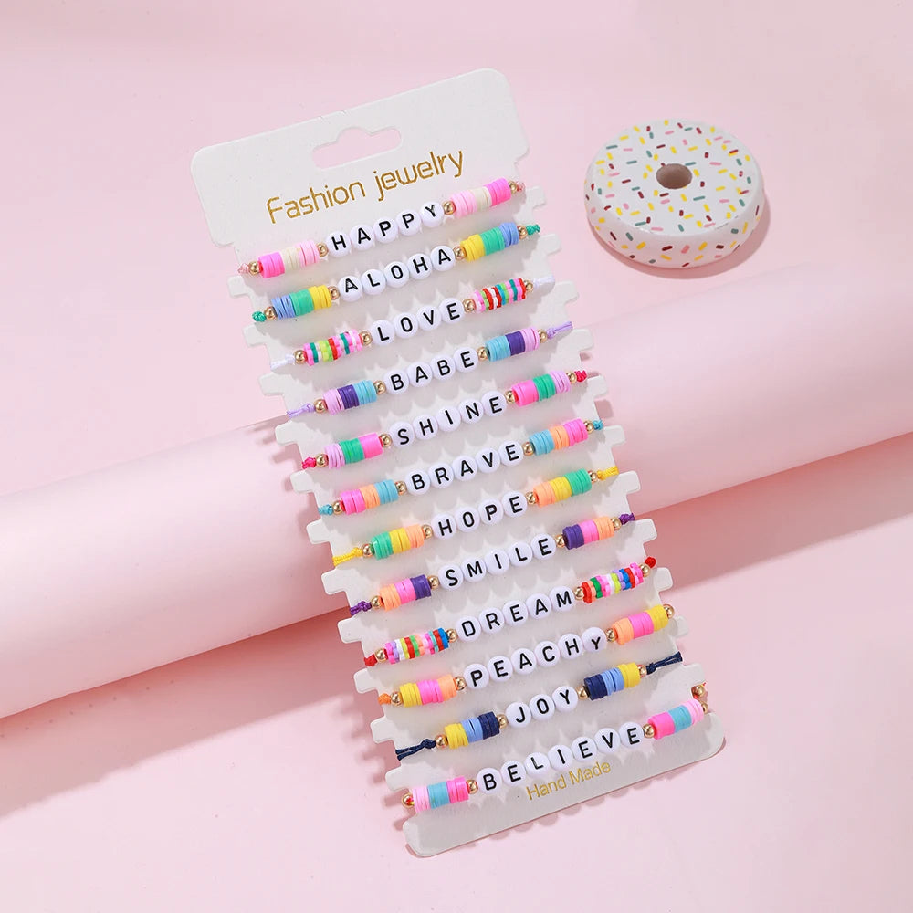 Lot de 12 Bracelets Fille Perles Argile - Messages Positifs Ajustables Tressés