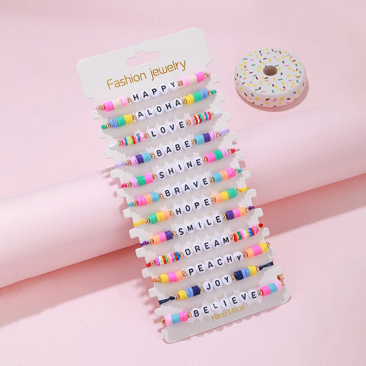 Lot de 12 Bracelets Fille Perles Argile - Messages Positifs Ajustables Tressés