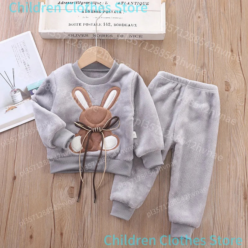Ensemble Pyjama 2 Pièces Enfant - Flanelle Épaisse Motif Lapin Cartoon