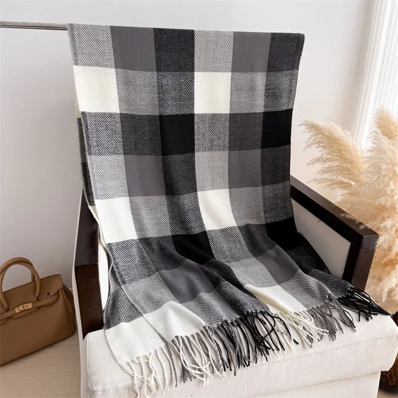 Écharpe Plaid Carreaux Luxe Automne/Hiver - Pashmina Châle Franges Femme Chaud