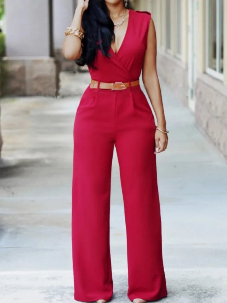 Combinaison Femme Business Formal Travail - Élégante Longue Col V Profond Sans Manches Taille Haute Wrap Streetwear