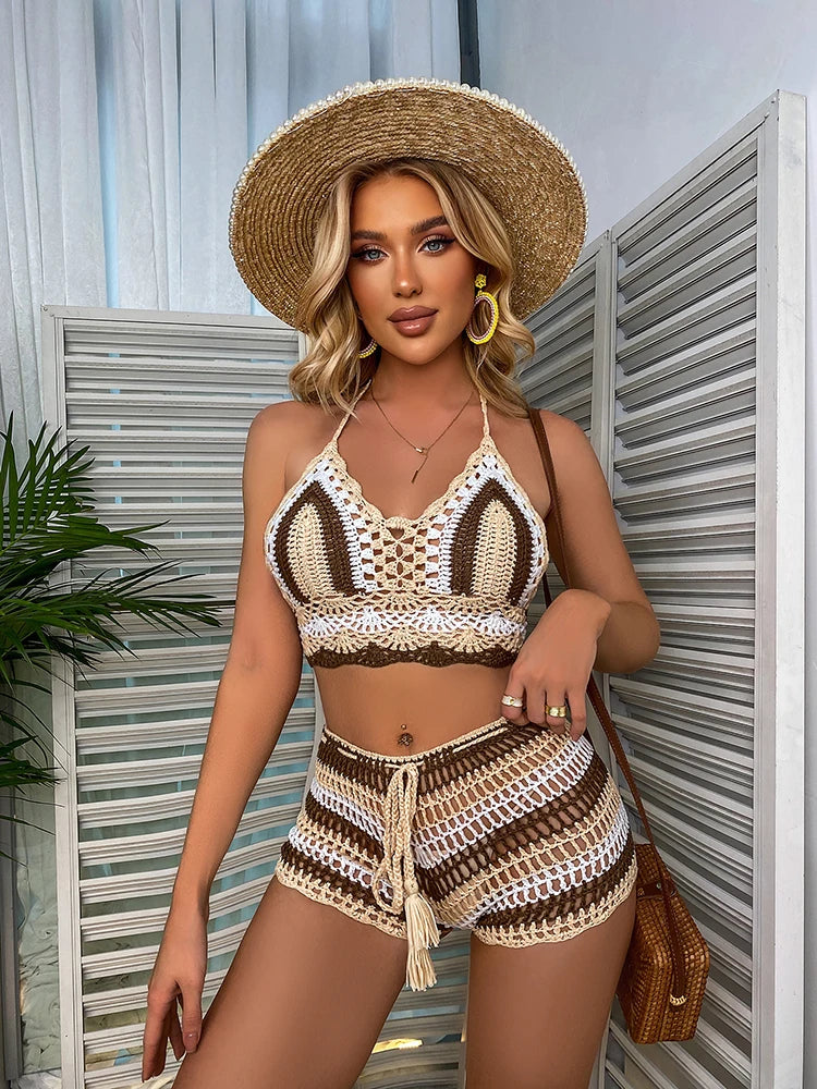 Ensemble Bikini Crochet Rayé Arc-en-Ciel - Top Épaules Dénudées et Bas Assorti Multicolore pour Plage