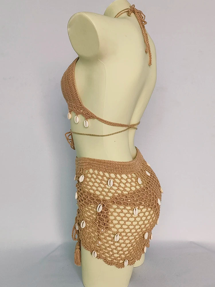 Ensemble Bikini 4 Pièces Crochet avec Coquillages - Top à Franges, Sexy,Taille Haute et Jupe