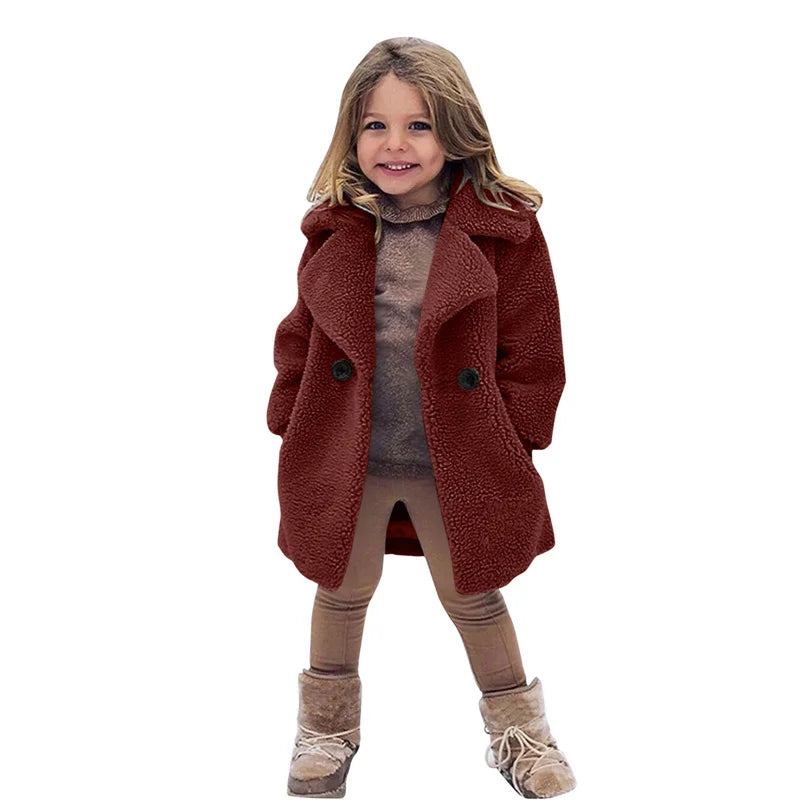 Veste Laine d'Agneau Enfant - Manteau Chaud Hiver Polaire - Boutons Simple Rangée 2-14 Ans