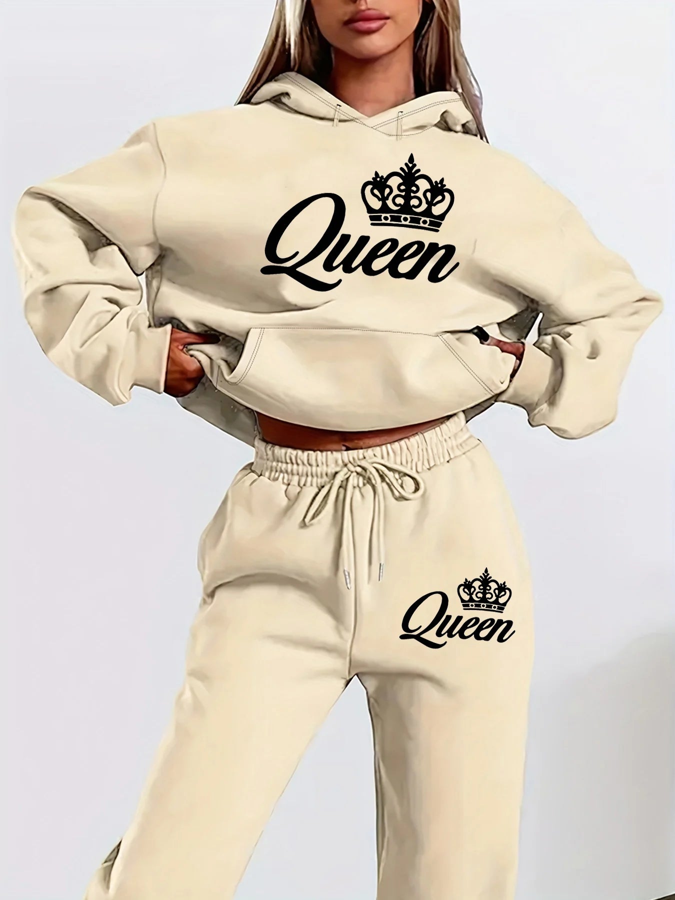 Ensemble Jogging Femme Hip-Hop Queen - Sweat Capuche + Pantalon Sport, Imprimé Lettres Streetwear Automne Hiver