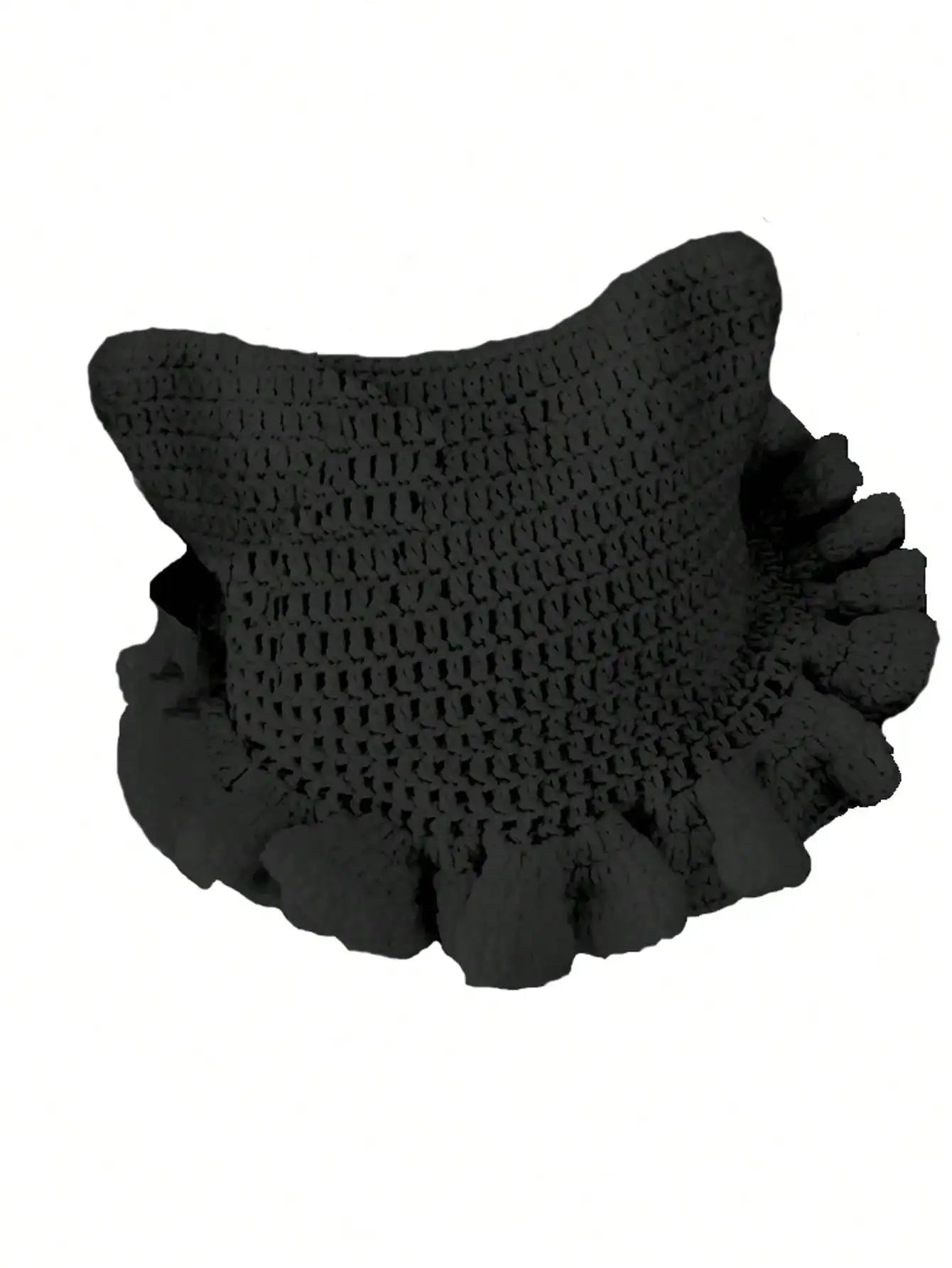 Bonnet Tricoté Main Y2K Oreilles de Chat - Chapeau Chaud avec Nœud et Bords Plissés pour Automne Hiver