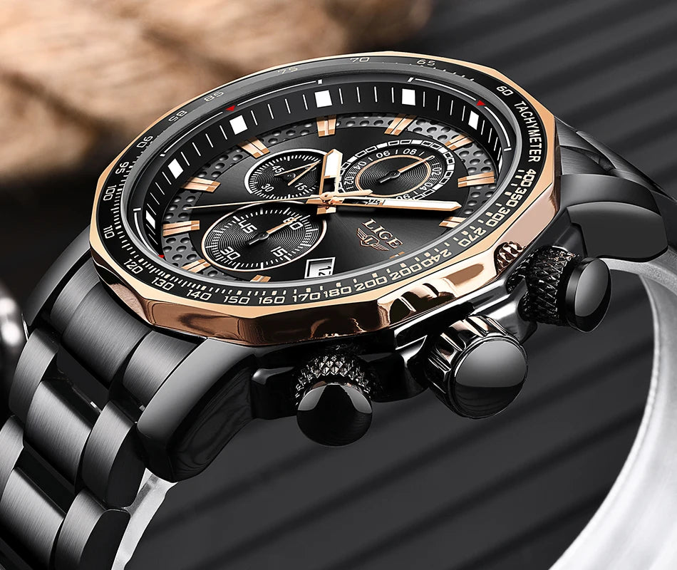 Montre Sport Homme LIGE Chronographe Or Noir - Acier Waterproof Luxury