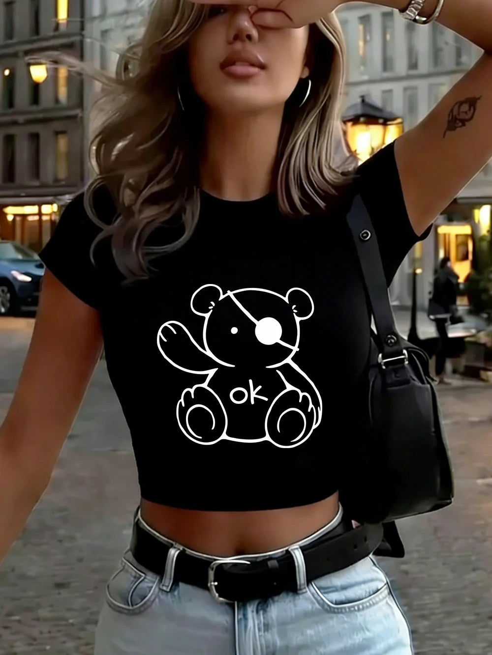 Top Crop Femme Kawaii Ok Teddy Bear - T-Shirt Doux Slim Col Rond Été