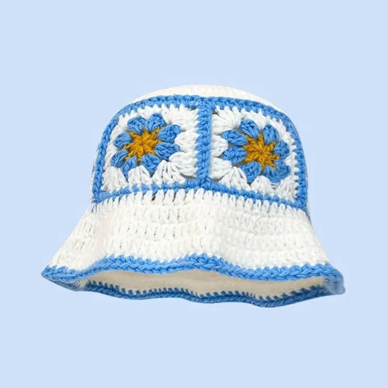 Chapeau Bob Crochet Coréen Fait Main avec Fleurs - Bonnet Tricoté Y2K Femme pour Automne Hiver