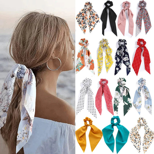 Foulard Cheveux Chouchous Chiffon Floral - Élastiques Queue Cheval
