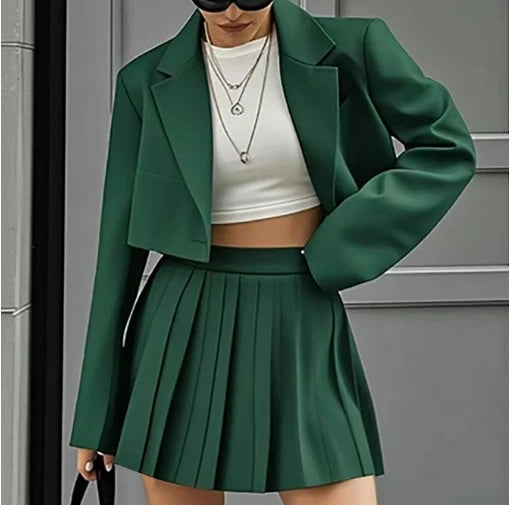 Ensemble Femme 2 Pièces Blazer Chic - Veste Courte Crop & Jupe Mini Plissée Streetwear