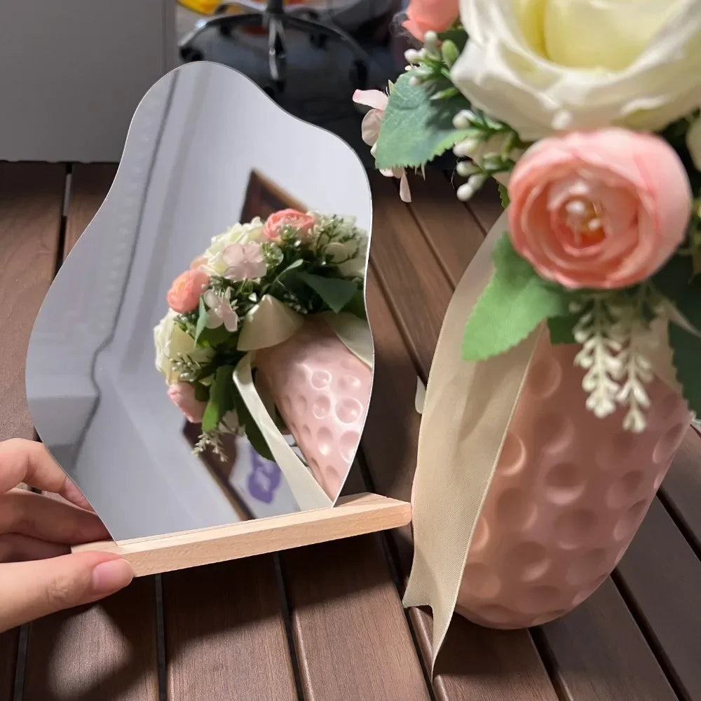 Miroir Décoratif Acrylique Base Bois - Minimaliste Irrégulier Maquillage Chambre Coiffeuse Beauté Cosmétiques