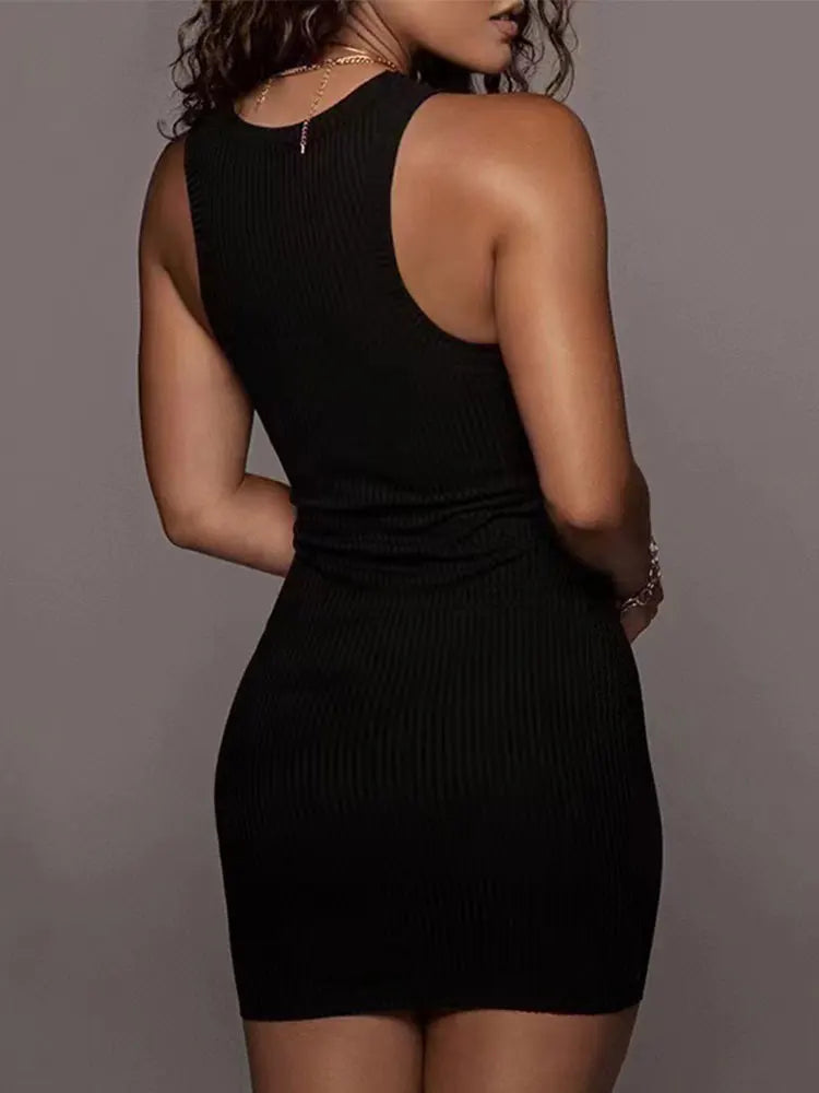 Robe Bodycon Noire Côtelée Été - Débardeur Sans Manches Moulante Club Party Mini