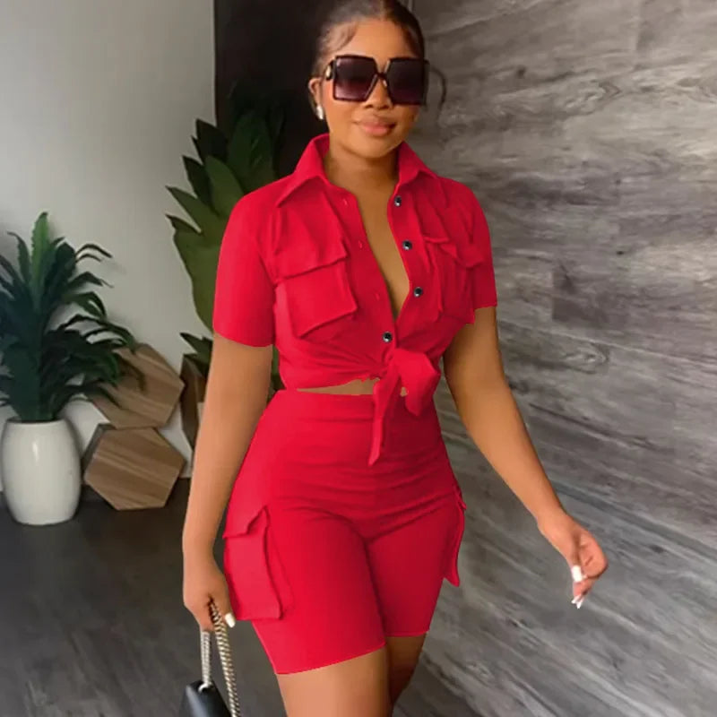 Ensemble Femme 2 Pièces Streetwear - Chemise Manches Courtes à Boutons & Short Poches Été