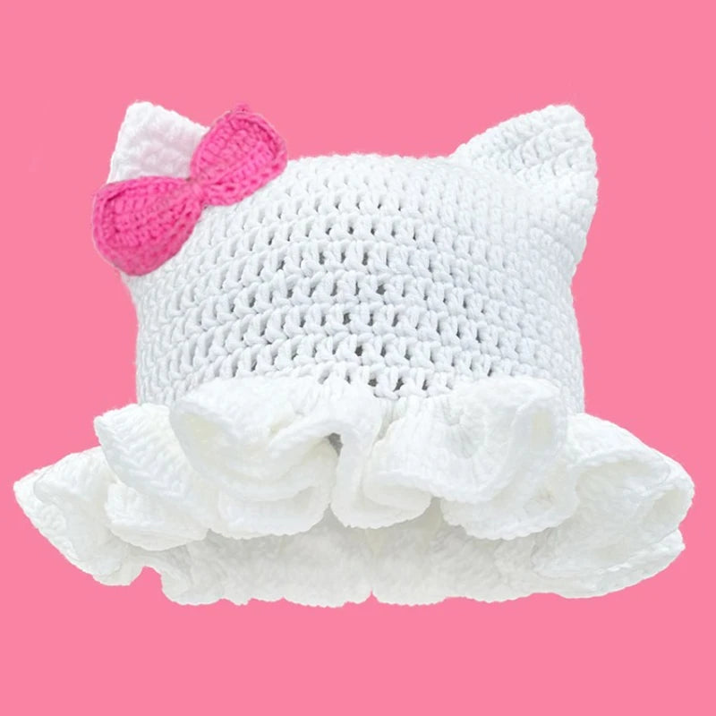 Bonnet Tricoté Main Y2K Oreilles de Chat - Chapeau Chaud avec Nœud et Bords Plissés pour Automne Hiver
