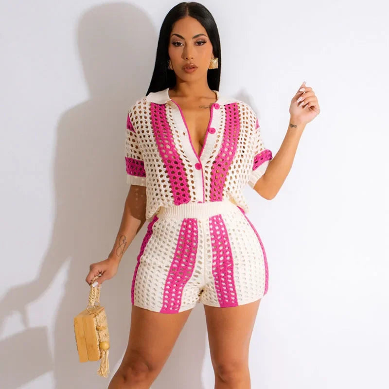 Ensemble 2 Pièces Femme Été Tricoté Rayé - Top Ajouré Boutonné + Short Plage Vacances