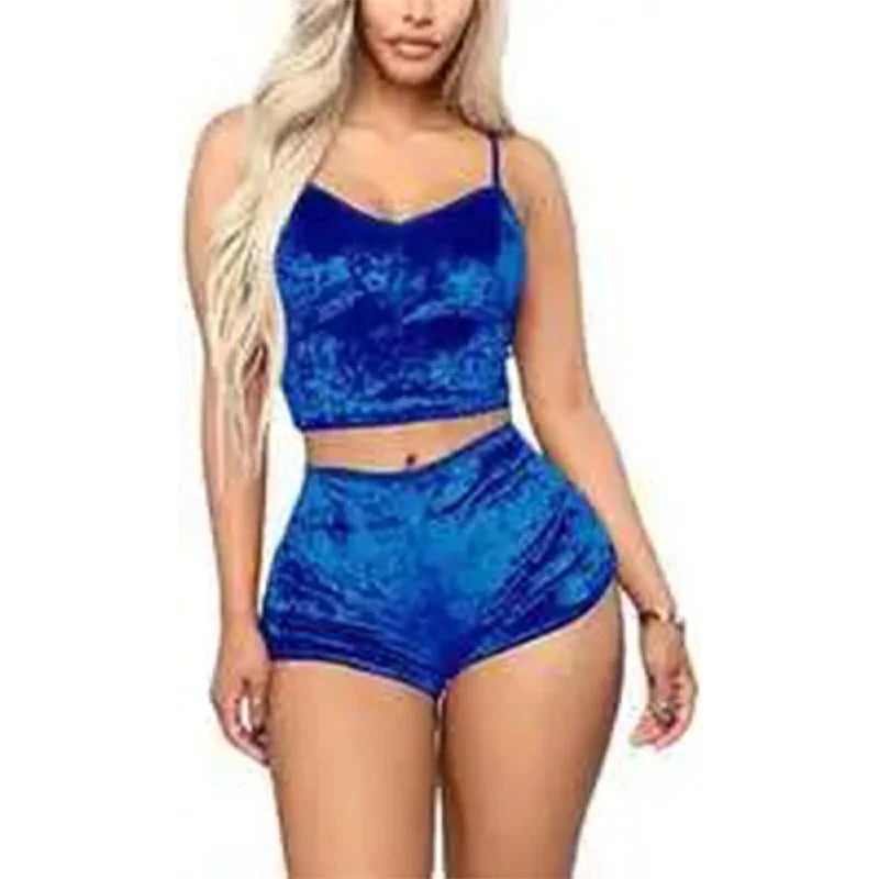Ensemble Pyjama Velours Col V Bretelles - 2 Pièces Débardeur Short Sexy Loungewear Femme