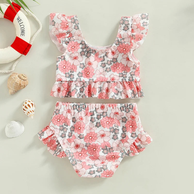Maillot de Bain Bikini Bébé Fille Imprimé Floral - Ensemble 2 Pièces Halter Été