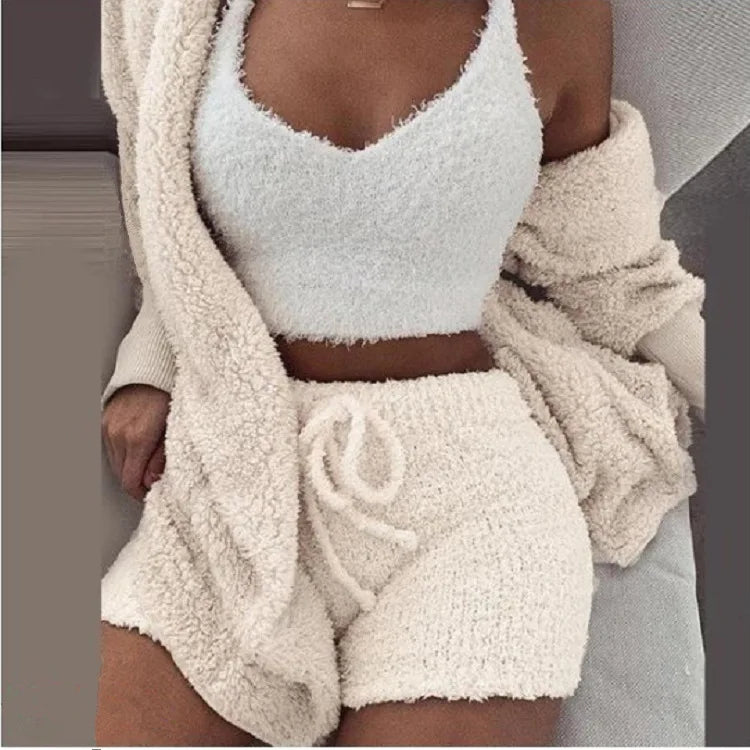 Ensemble Pyjama Fluffy 3 Pièces Femme - Hoodie Débardeur Short Grande Taille Hiver