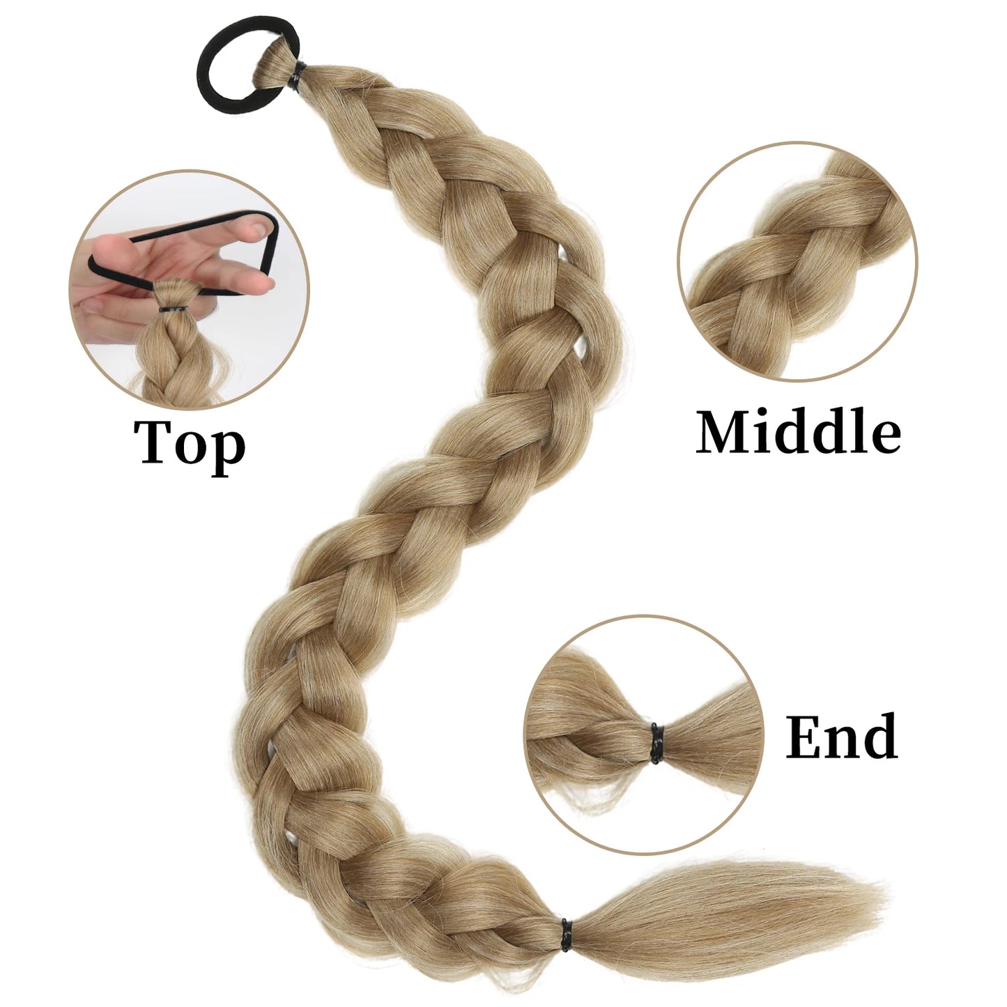 Extension Queue de Cheval Tressée Synthétique 24 Pouces - Tresses Longues Tissées Main avec Élastique Blonde Brune Noire