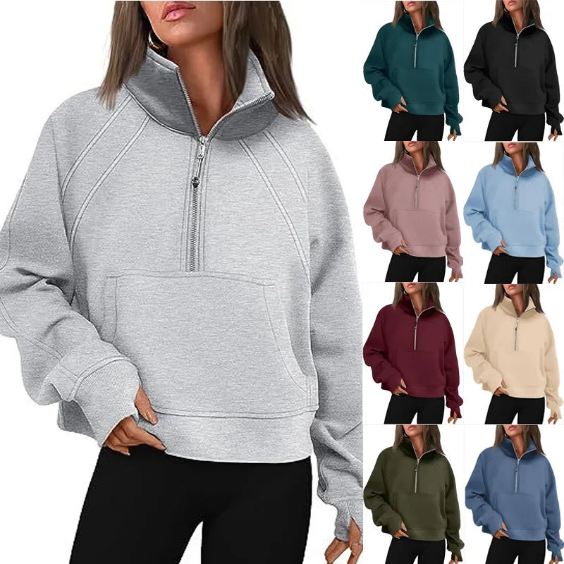 Sweat Femme Col Montant Demi-Zip - Hoodie Poche Manches Longues Loose Sportswear Streetwear Printemps Automne
